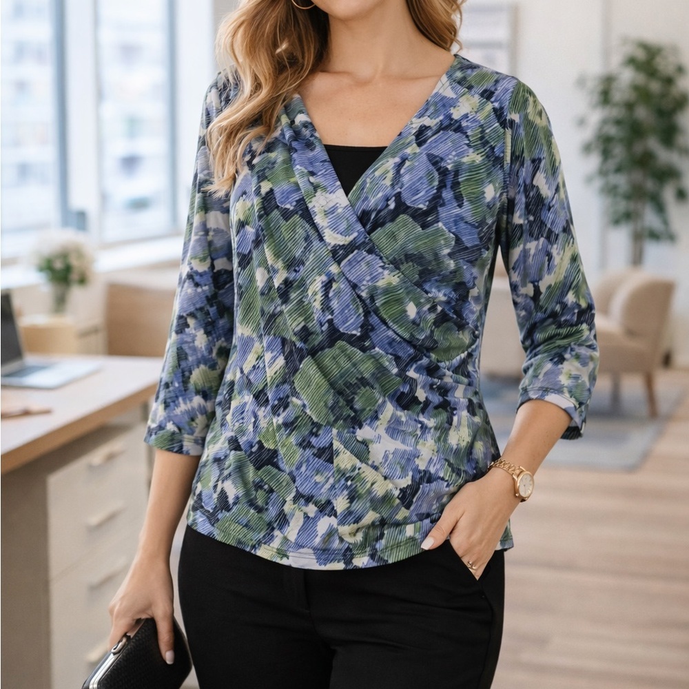 JM Collection Layered Blouse | Blue Green Floral Business Casual Top | XL